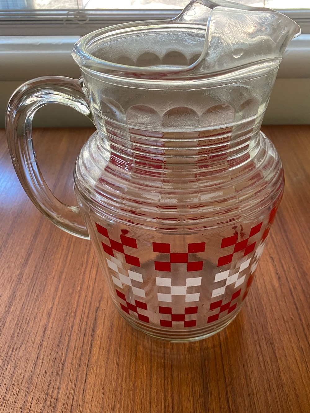Vintage Clear Glass Pitcher with Red and White Checkerboard Pattern
